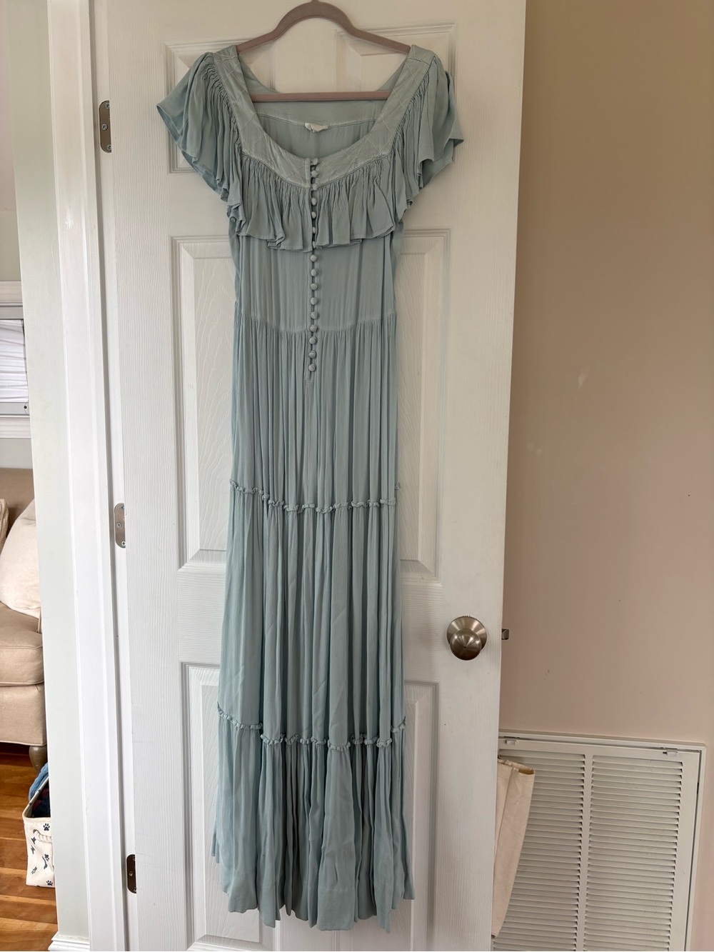 Designer brand “Ghost” Light Blue Ruffle Tiered Maxi Dress/ gown size small